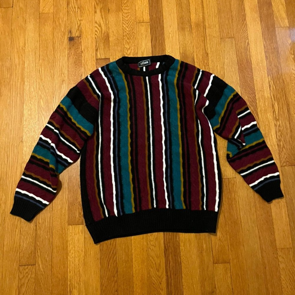 Vintage Atlas Coogi Style Sweater Multicolor Made In USA